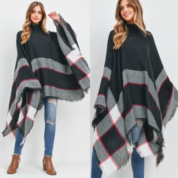 Sweaters - CHIC Plaid Print Knit Turtleneck Poncho Top